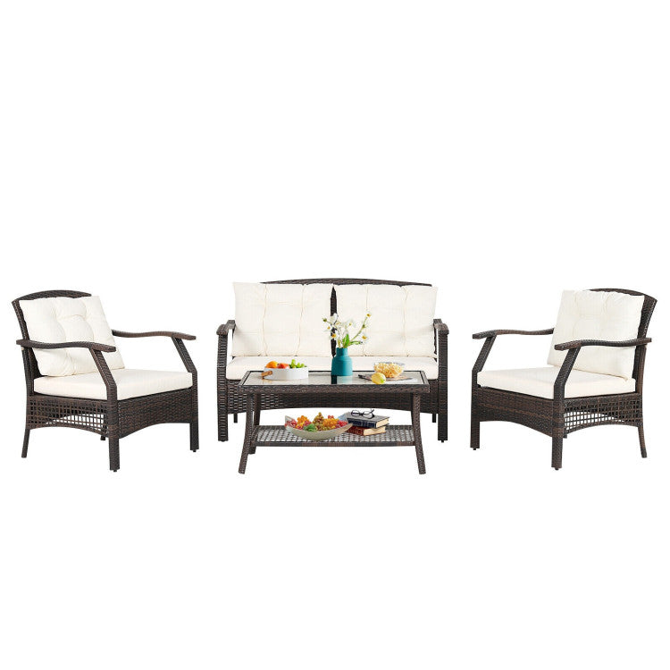Outdoor 4 Pieces Outdoor Rattan Conversation Set with Protective Cover