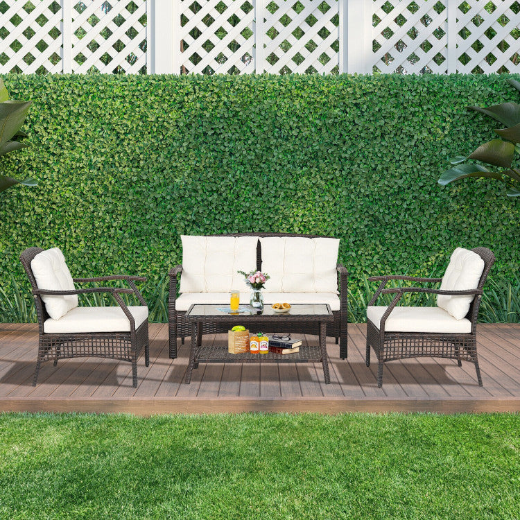 Outdoor 4 Pieces Outdoor Rattan Conversation Set with Protective Cover