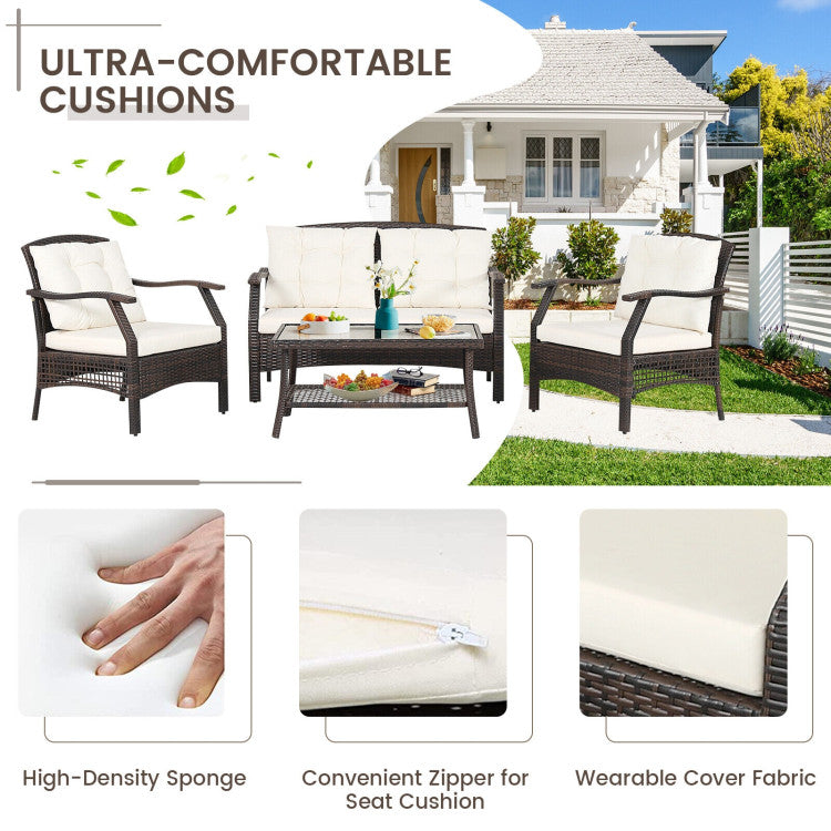 Outdoor 4 Pieces Outdoor Rattan Conversation Set with Protective Cover