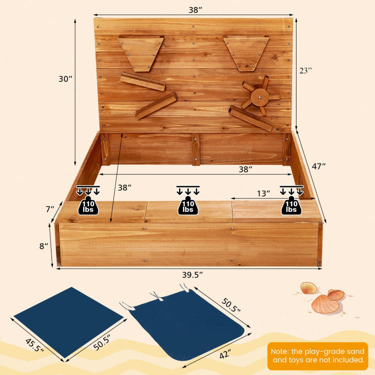 Outdoor Kids Wooden Square Sandbox with Cover