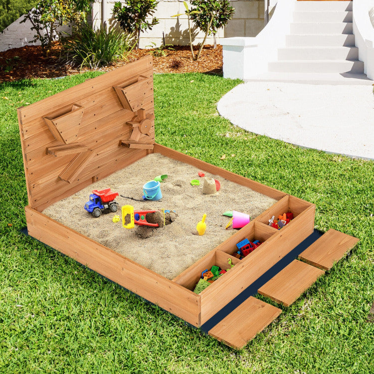 Outdoor Kids Wooden Square Sandbox with Cover