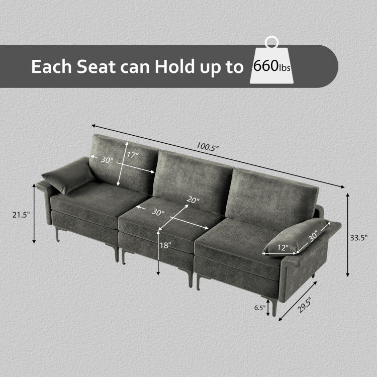 Home Large 3-Seat Sofa Sectional with Metal Legs for 3-4 people