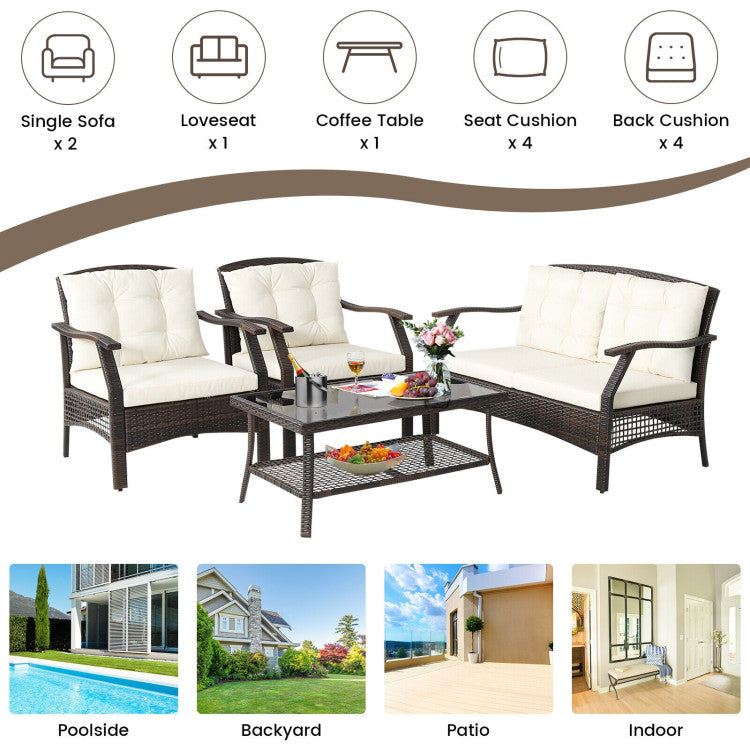 Outdoor 4 Pieces Outdoor Rattan Conversation Set with Protective Cover