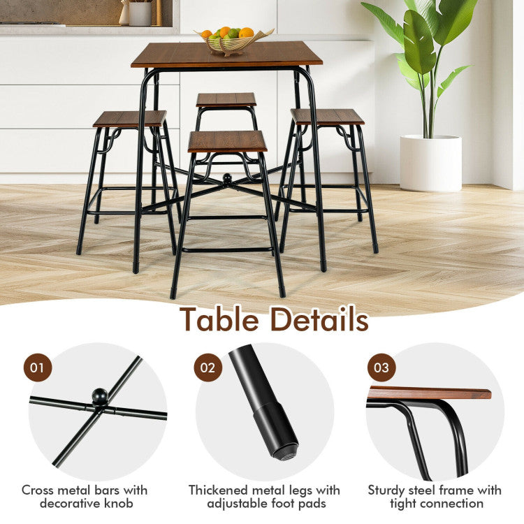 Modern 5 Pieces Bar Table Set with 4 Counter Height Backless Stools