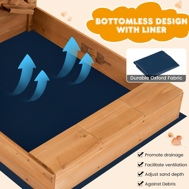 Outdoor Kids Wooden Square Sandbox with Cover