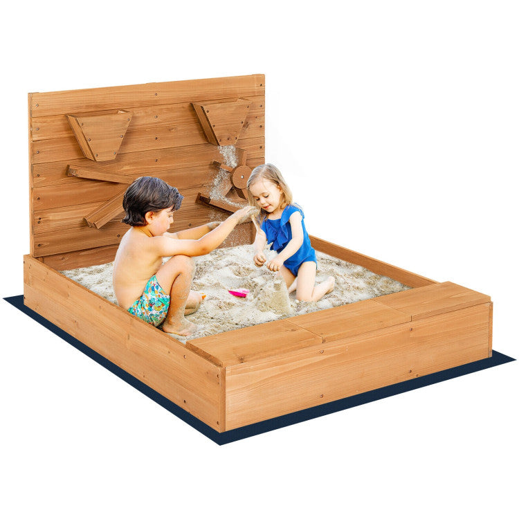 Outdoor Kids Wooden Square Sandbox with Cover