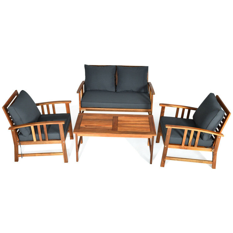 Outdoor 4 Pieces Wooden Patio Sofa Chair Set with Cushion