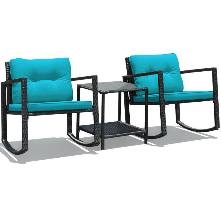 Outdoor 3 Pieces Cushioned Patio Rattan Set with Rocking Chair and Table