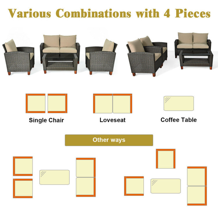 Outdoor 4 Pieces Patio Rattan Furniture Set with Cushions