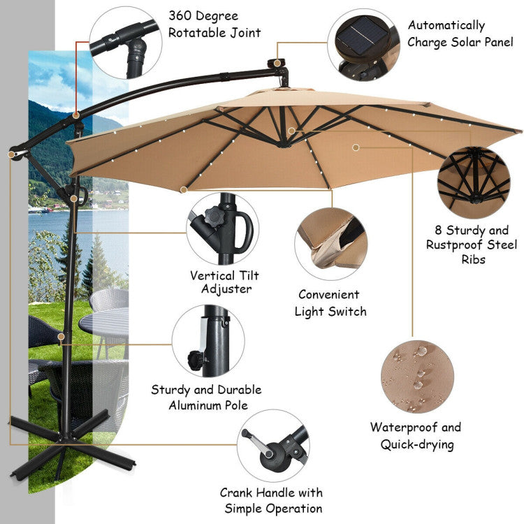 Outdoor 10 Feet 360° Rotation Solar Powered LED Patio Offset Umbrella without Weight Base
