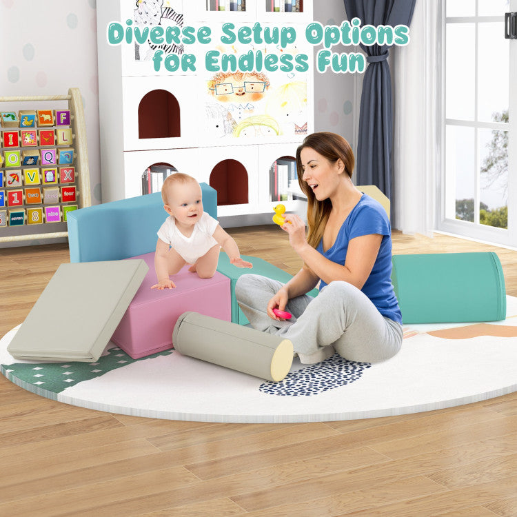 7-Piece Soft Play Equipment with Zippered PU Cover Indoor Foam Climbing Blocks