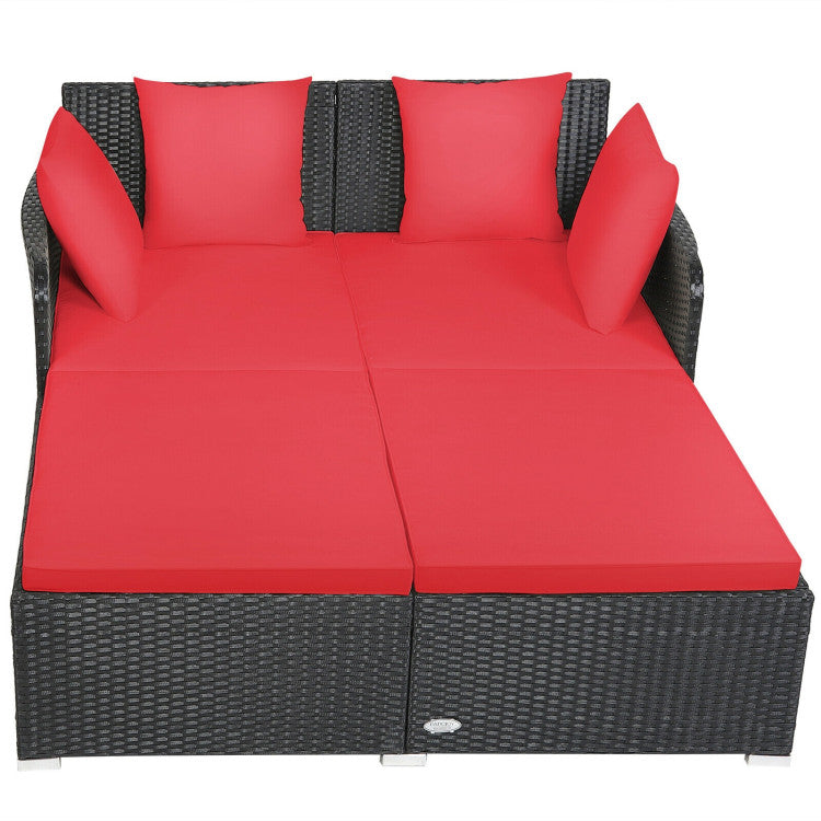 Outdoor Spacious Outdoor Rattan Daybed with Upholstered Cushions and Pillows