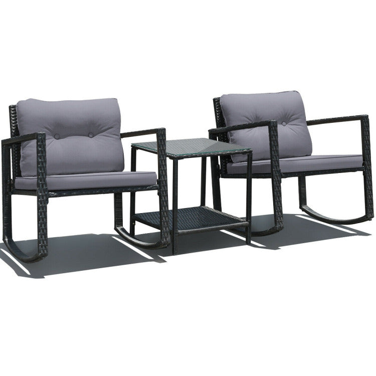 Outdoor 3 Pieces Cushioned Patio Rattan Set with Rocking Chair and Table