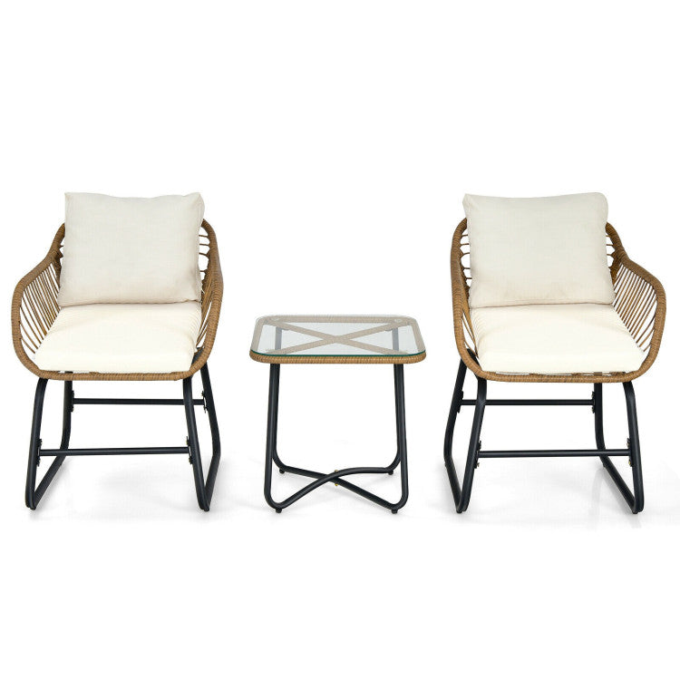 New Outdoor 3-Piece Patio Bistro Set with 2 Rattan Chairs and Square Glass Coffee Table