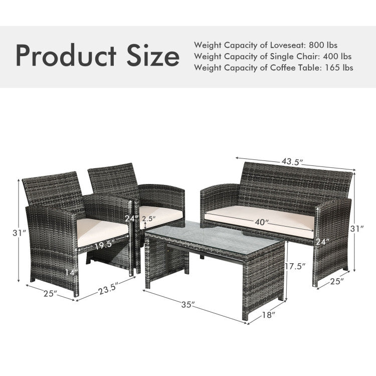 Outdoor 4 Pieces Patio Rattan Furniture Set with Glass Table and Loveseat