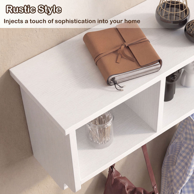 New Wall-Mounted Wooden Shelf Coat Rack with 4 Cubbies and 5 Double Hooks