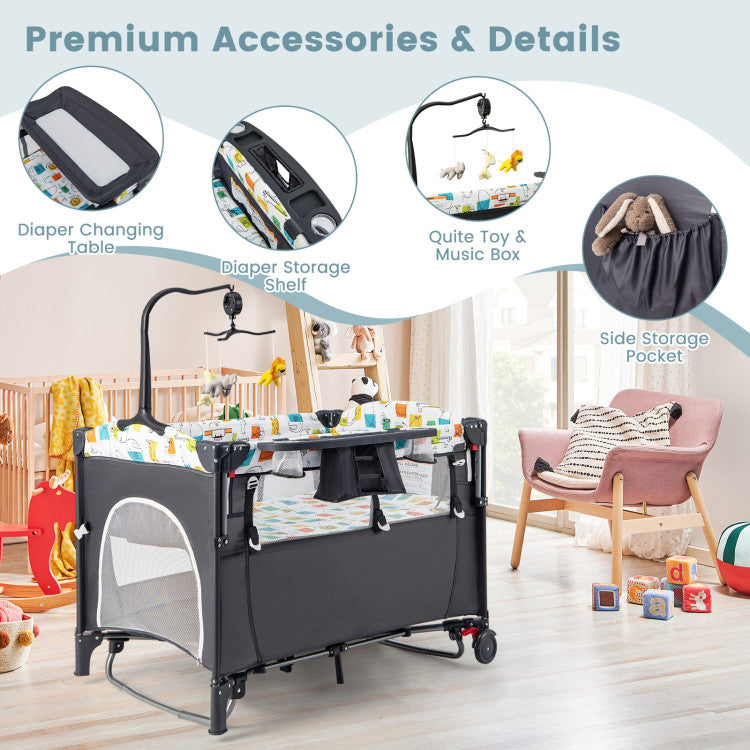 5-in-1 Foldable Baby Playpen Bedside Crib with Music Box