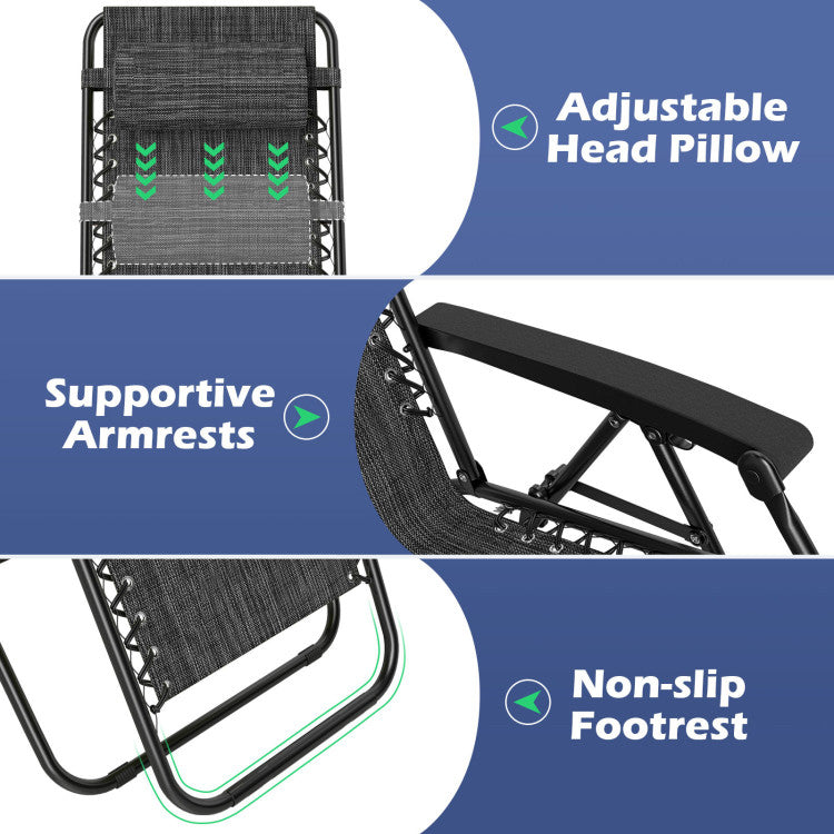 New Set of 2 Portable Zero Gravity Chairs with Cup Holder Trays and Backrest Set of 2
