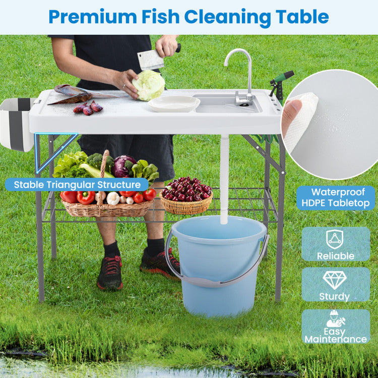 New Outdoor 2 in 1 Folding Fish Cleaning Table with Sink and Faucet for Patio BBQ