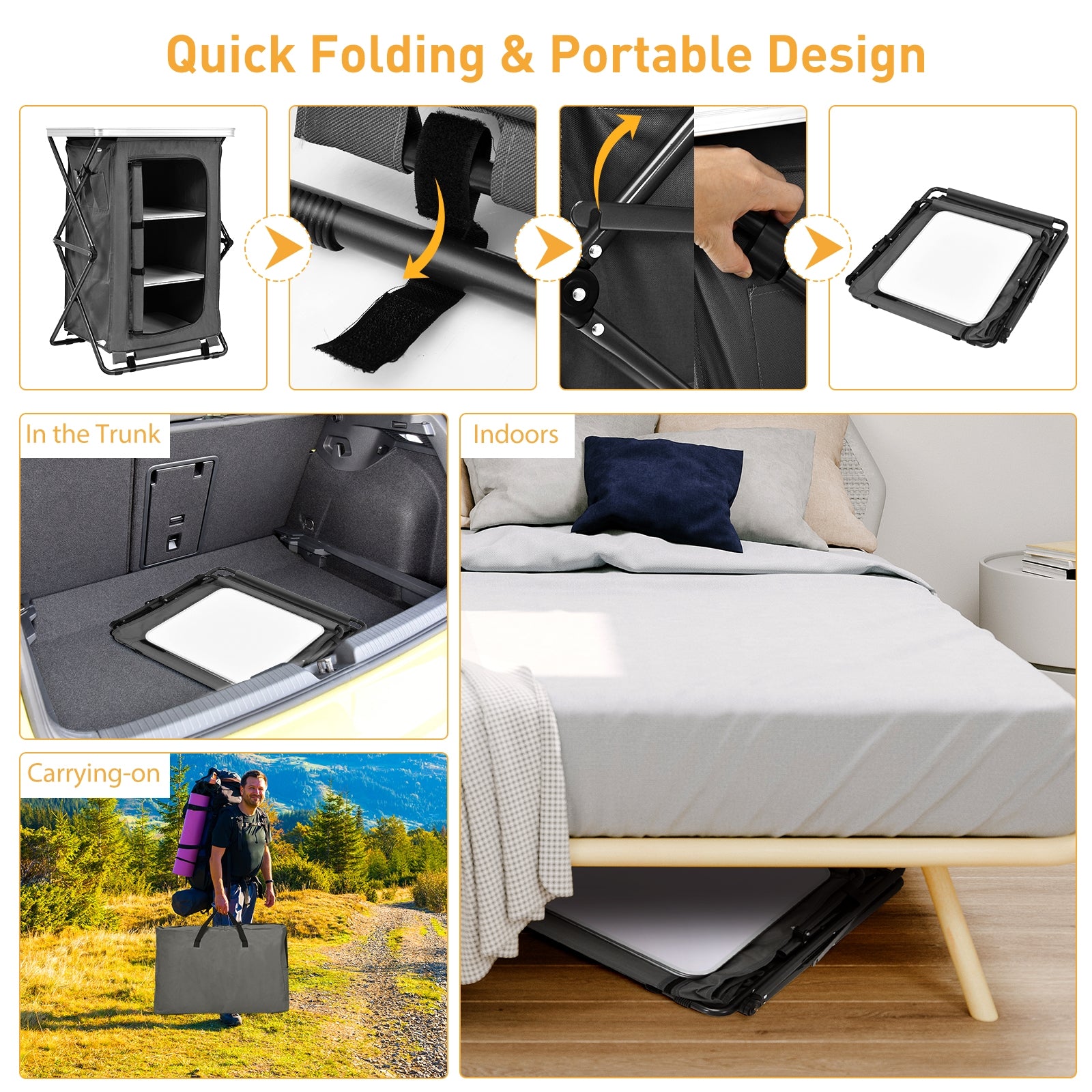 Outdoor Folding Camping Storage Cabinet with 3 Shelves and Carry Bag