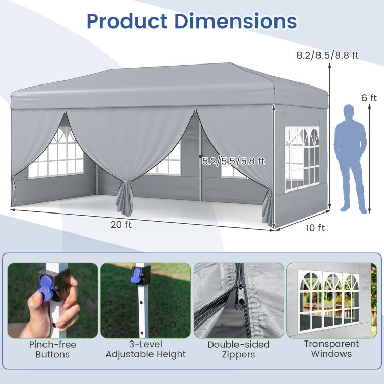 Outdoor 10 X 20 Feet Pop up Canopy Tent Instant Setup with 6 Sidewalls
