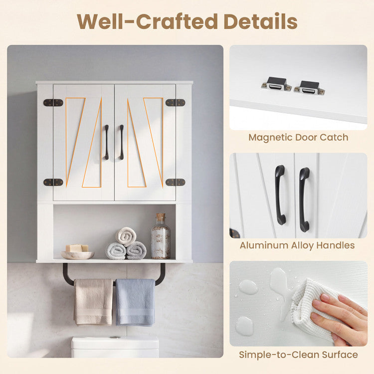 New Bathroom Wall Cabinet with 2 Barn Doors and Towel Bar and 3-Tier Wooden Storage
