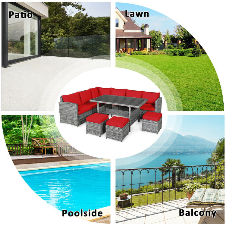 7 Pieces Outdoor Wicker Sectional Sofa Set with Dining Table