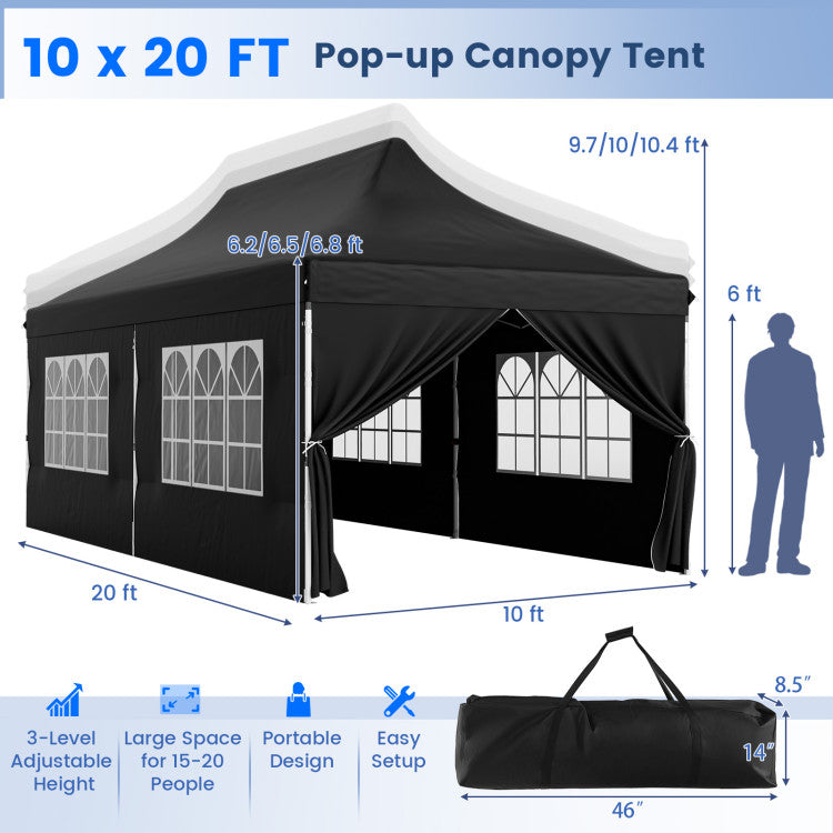 Outdoor 10 x 20 Feet Pop up Canopy with 6 Sidewalls Windows and Carrying Bag