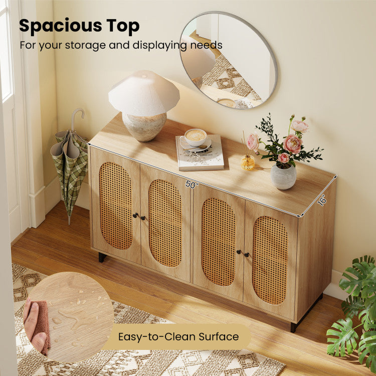Home 50 Inch Buffet Sideboard Cabinet with 4 Rattan Doors and Adjustable Shelves