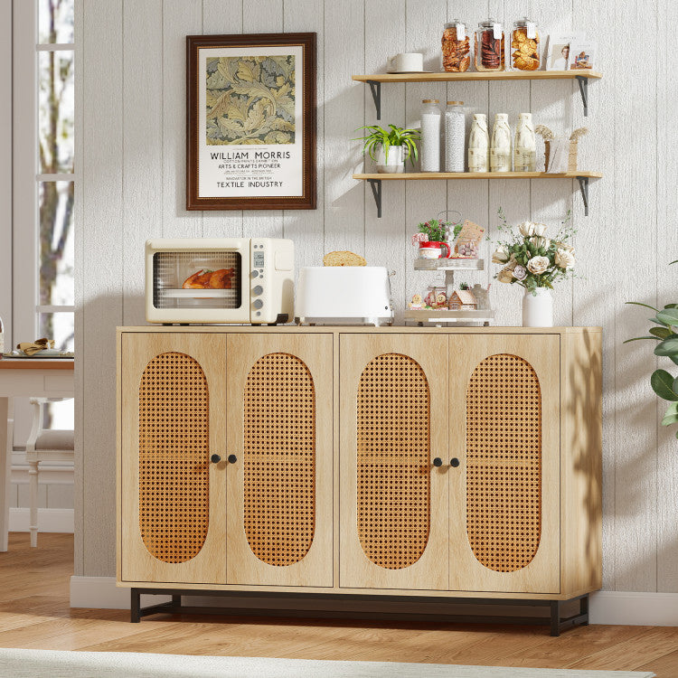 Home 50 Inch Buffet Sideboard Cabinet with 4 Rattan Doors and Adjustable Shelves