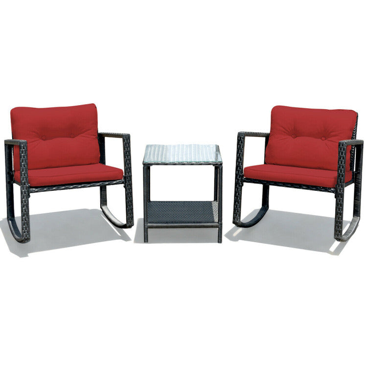 Outdoor 3 Pieces Cushioned Patio Rattan Set with Rocking Chair and Table
