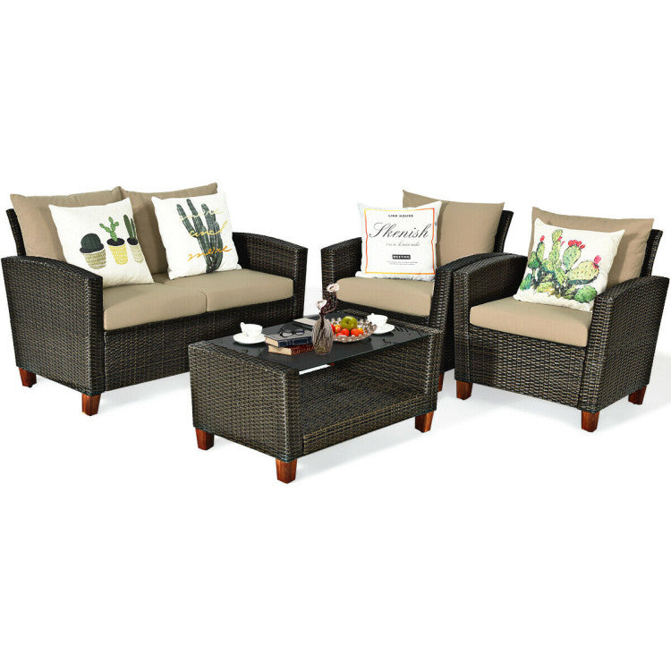Outdoor 4 Pieces Patio Rattan Furniture Set with Cushions