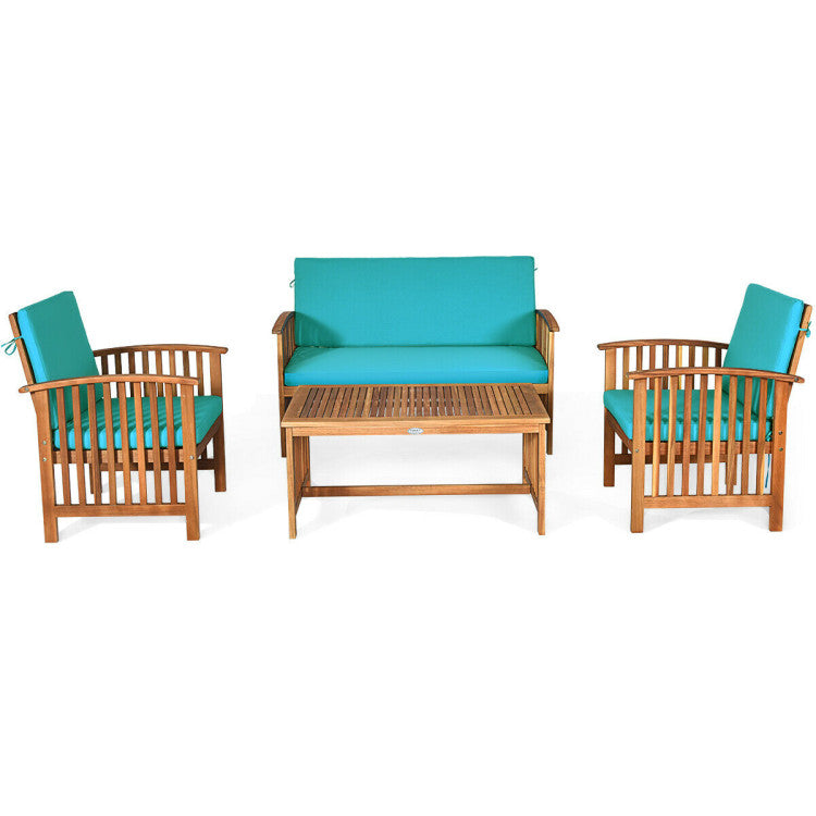 Outdoor Acacia Wood 4 Pieces Patio Solid Wood Furniture Set with Water Resistant Cushions
