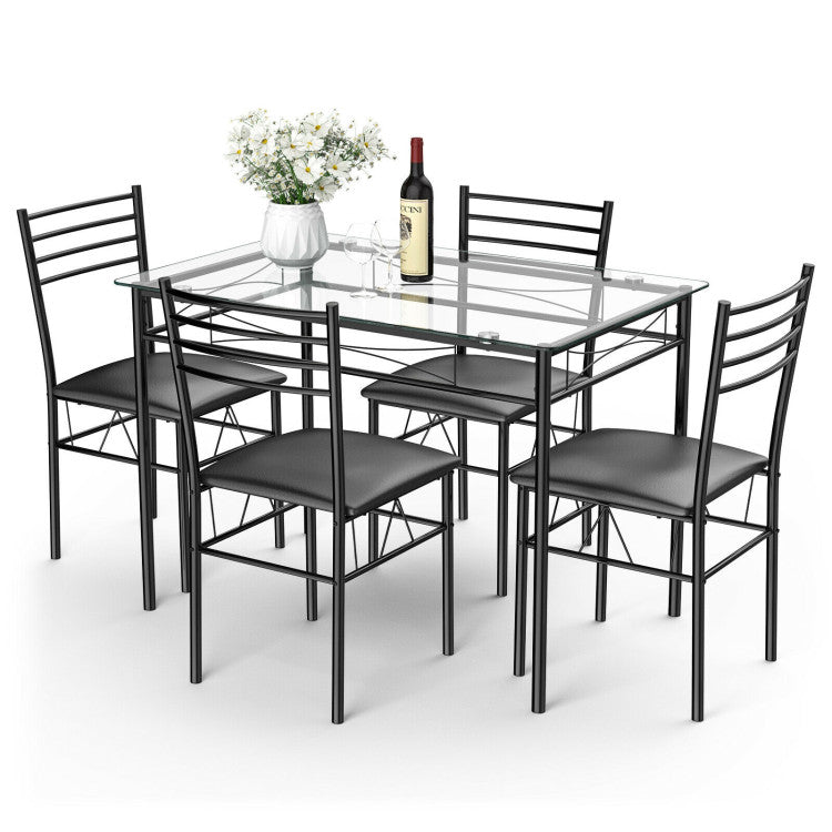 Modern 5 Pieces Dining Set with Tempered Glass Top Table and 4 Upholstered Chairs