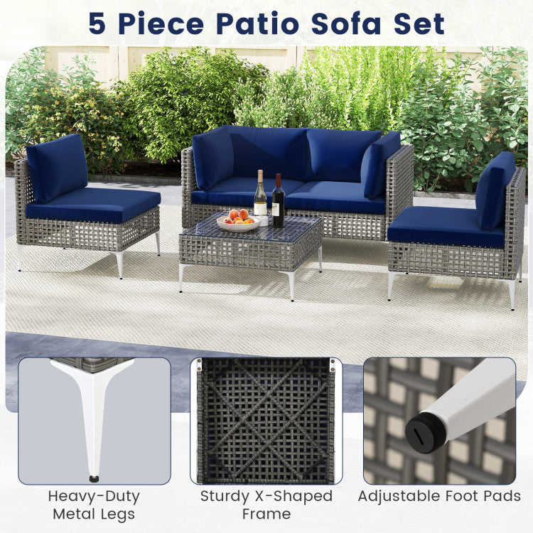 5 Piece Outdoor Furniture Set Patio Rattan Chairs with Tempered Glass Coffee Table
