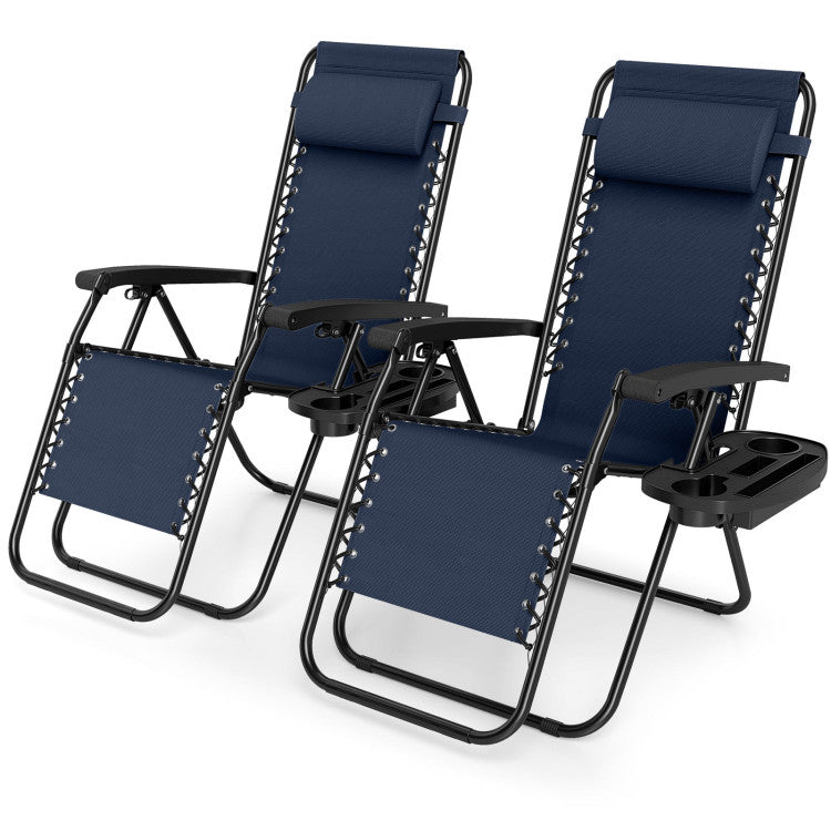 New Set of 2 Portable Zero Gravity Chairs with Cup Holder Trays and Backrest Set of 2