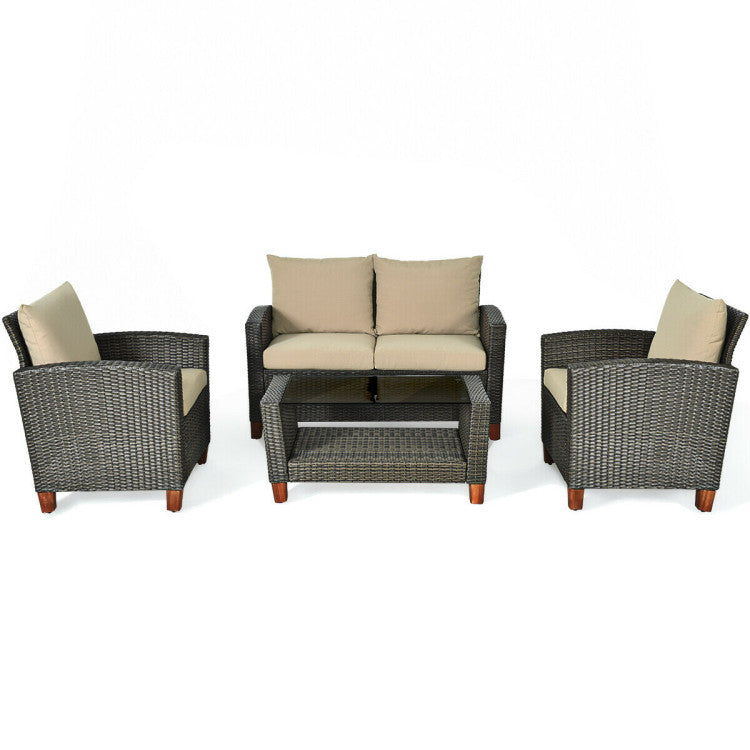 Outdoor 4 Pieces Patio Rattan Furniture Set with Cushions