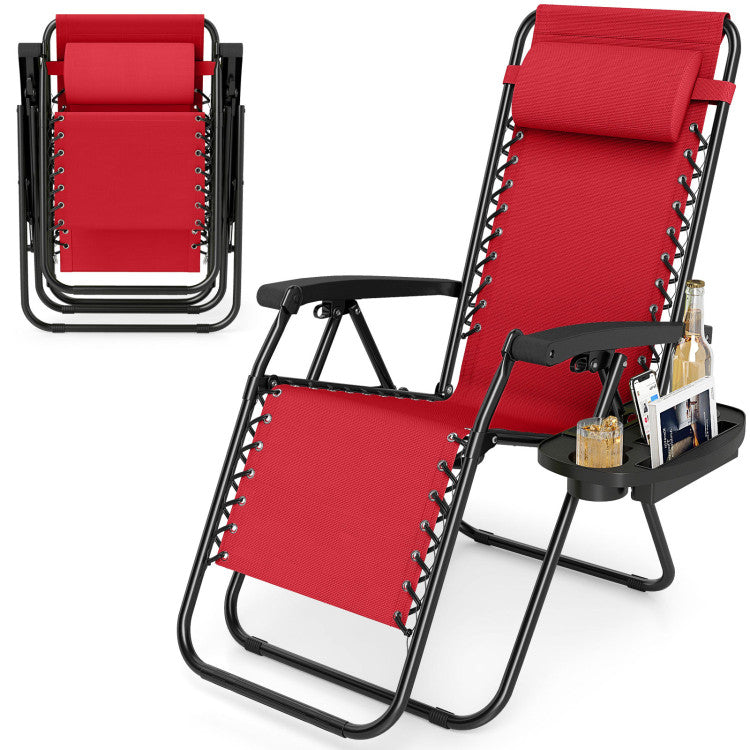 New Set of 2 Portable Zero Gravity Chairs with Cup Holder Trays and Backrest Set of 2