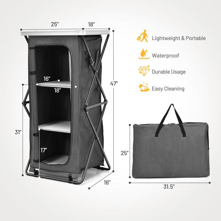 Outdoor Folding Camping Storage Cabinet with 3 Shelves and Carry Bag