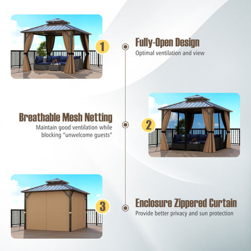 10 x 10 Feet Hardtop Gazebo with Netting and Curtain and Double-Roof Galvanized Metal Top