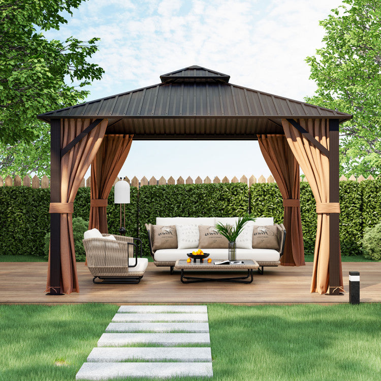 New 12 x 12 Feet Double-Roof Patio Hardtop Gazebo with Galvanized Steel Roof Netting and Curtains Coffee Color