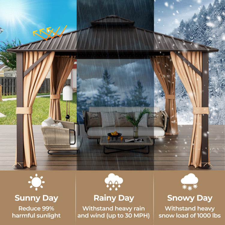 New 12 x 12 Feet Double-Roof Patio Hardtop Gazebo with Galvanized Steel Roof Netting and Curtains Coffee Color