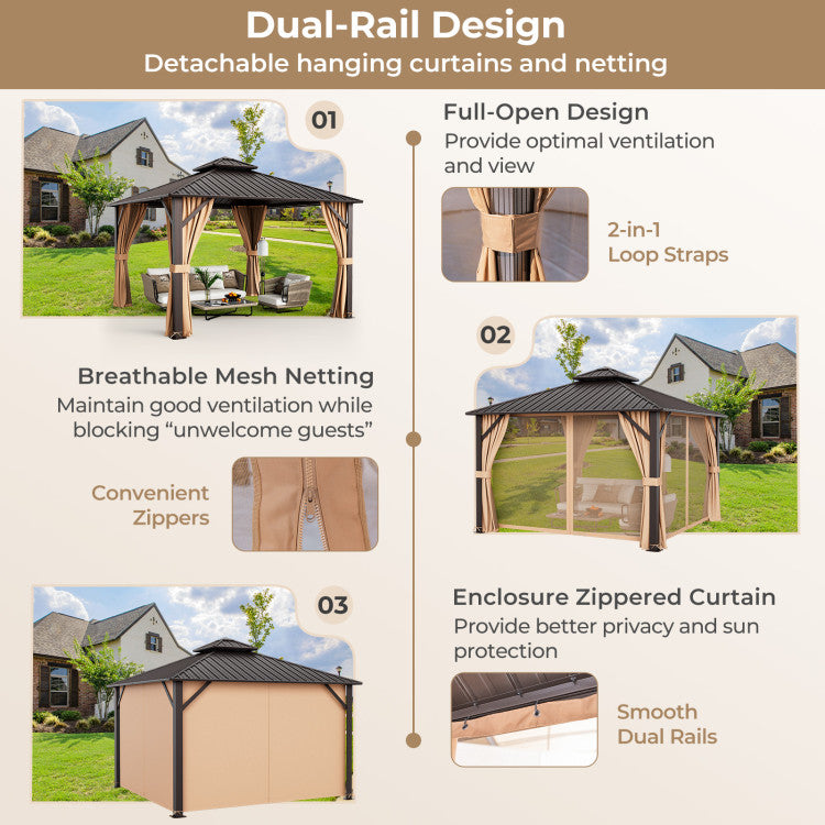 New 12 x 12 Feet Double-Roof Patio Hardtop Gazebo with Galvanized Steel Roof Netting and Curtains Coffee Color