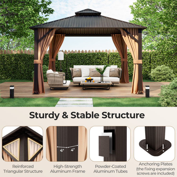 New 12 x 12 Feet Double-Roof Patio Hardtop Gazebo with Galvanized Steel Roof Netting and Curtains Coffee Color