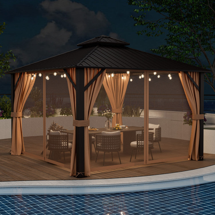 New 12 x 12 Feet Double-Roof Patio Hardtop Gazebo with Galvanized Steel Roof Netting and Curtains Coffee Color