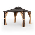 New 12 x 12 Feet Double-Roof Patio Hardtop Gazebo with Galvanized Steel Roof Netting and Curtains Coffee Color