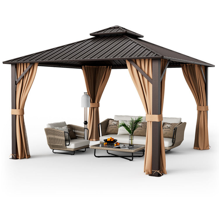 New 12 x 12 Feet Double-Roof Patio Hardtop Gazebo with Galvanized Steel Roof Netting and Curtains Coffee Color