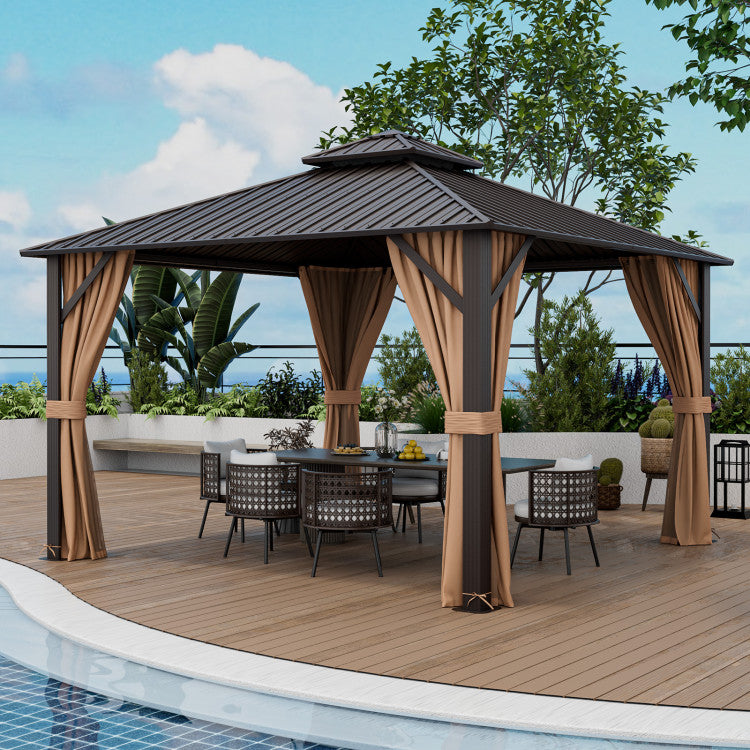 New 12 x 12 Feet Double-Roof Patio Hardtop Gazebo with Galvanized Steel Roof Netting and Curtains Coffee Color