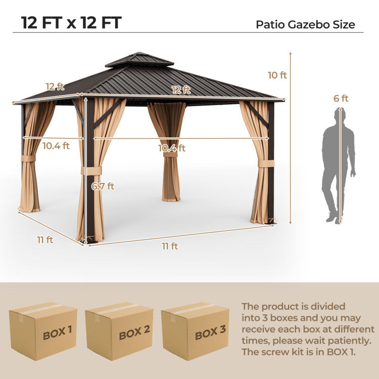 New 12 x 12 Feet Double-Roof Patio Hardtop Gazebo with Galvanized Steel Roof Netting and Curtains Coffee Color