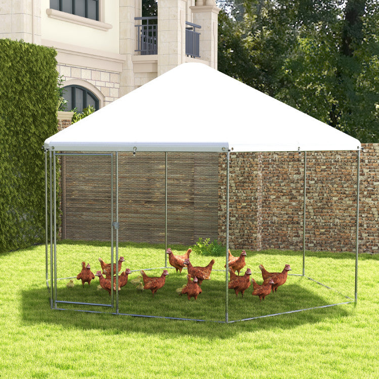 New Outdoor 13FT Large Metal Hexagonal Chicken Coop with Wire Mesh and Lockable Door